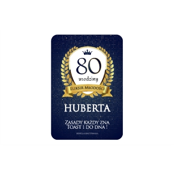 ETYKIETY NA 80 URODZINY ELEGANCKIE GRANATOWE PERSONALIZOWANE 8szt.