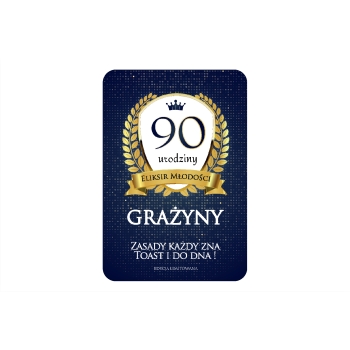ETYKIETY NA 90 URODZINY ELEGANCKIE GRANATOWE PERSONALIZOWANE 8szt.