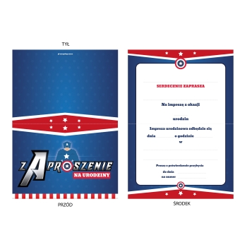 ZAPROSZENIE NA URODZINY AVENGERS KAPITAN AMERYKA + KOPERTA