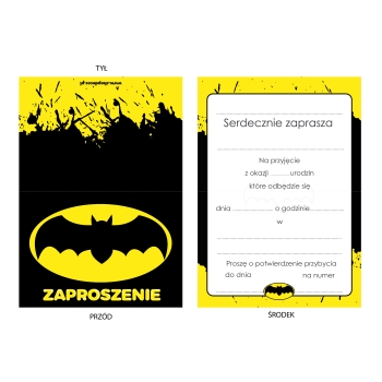 ZAPROSZENIE NA URODZINY BATMAN URODZINOWE CZARNO-ŻÓŁTE + KOPERTA