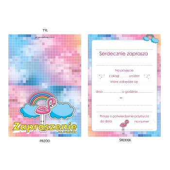 ZAPROSZENIE NA URODZINY FLAMING KOLOROWY TĘCZA FLAMINGI URODZINOWE + KOPERTA