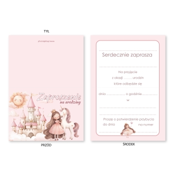 ZAPROSZENIE NA URODZINY KSIĘŻNICZKA Z JEDNOROŻCEM UNICORN + KOPERTA