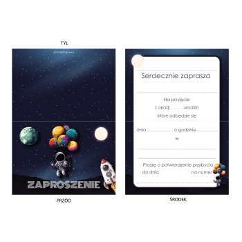 ZAPROSZENIE NA URODZINY KOSMOS ASTRONAUTA + KOPERTA