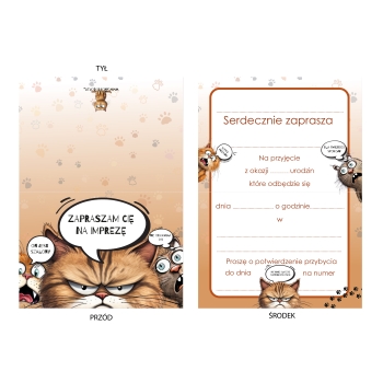 ZAPROSZENIE NA URODZINY SZALONY KOT ŚMIESZNE URODZINOWE + KOPERTA
