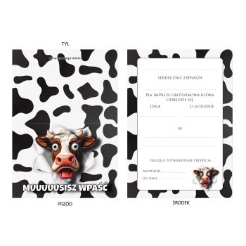 ZAPROSZENIE NA KAŻDE URODZINY UNIWERSALNE KROWA MUUUSISZ WPAŚĆ + KOPERTA