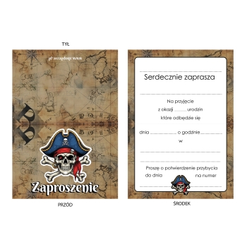 ZAPROSZENIE NA URODZINY PIRACKIE PIRAT SKARB URODZINOWE + KOPERTA