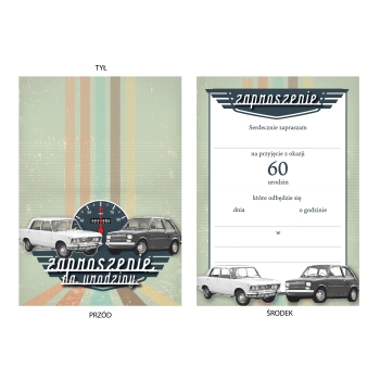 ZAPROSZENIE NA 60 URODZINY PRL FIAT 125 126 LICZNIK VINTGE+ KOPERTA