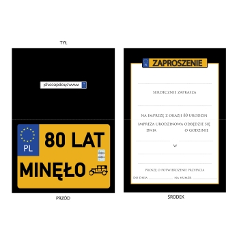 ZAPROSZENIE NA 80 URODZINY STARA TABLICA REJESTRACYJA ZABYTEK ŻÓŁTA TABLICA