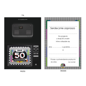 ZAPROSZENIE NA 50 URODZINY STARY TELEWIZOR PRL TV ERROR BŁĄD + KOPERTA