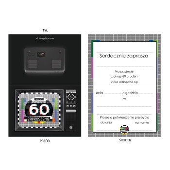 ZAPROSZENIE NA 60 URODZINY STARY TELEWIZOR PRL TV ERROR BŁĄD + KOPERTA