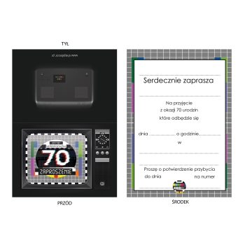 ZAPROSZENIE NA 70 URODZINY STARY TELEWIZOR PRL TV ERROR BŁĄD + KOPERTA