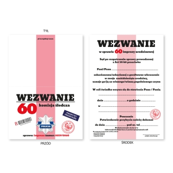 ZAPROSZENIE NA 60 URODZINY WEZWANIE POLICYJNE POLICJA + KOPERTA