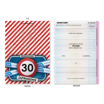 ZAPROSZENIE NA 30 URODZINY ZNAK MANDAT WEZWANIE ZAKAZ + KOPERTA