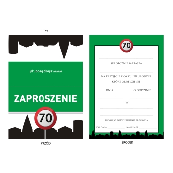 ZAPROSZENIE NA 70 URODZINY ZNAK TEREN ZABUDOWANY ŚMIESZNE