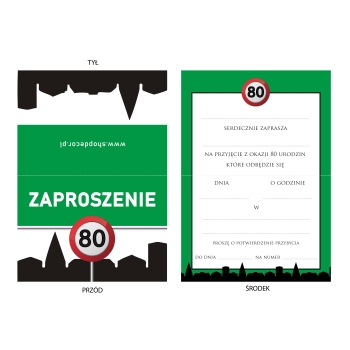 ZAPROSZENIE NA 80 URODZINY ZNAK TEREN ZABUDOWANY ŚMIESZNE