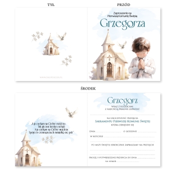 ZAPROSZENIE NA PIERWSZĄ KOMUNIĘ KOMUNIJNE + IMIĘ + KOPERTA dla chłopca