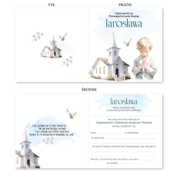 ZAPROSZENIE NA PIERWSZĄ KOMUNIĘ KOMUNIJNE + IMIĘ + KOPERTA dla chłopca